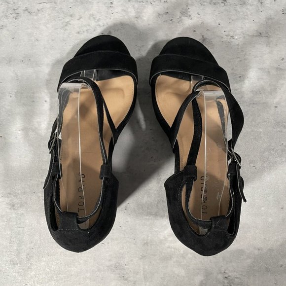 Torrid Womens Sz 9.5 Black Open Toe Criss Cross Strappy Wedge High Heels Pumps - Picture 3 of 8